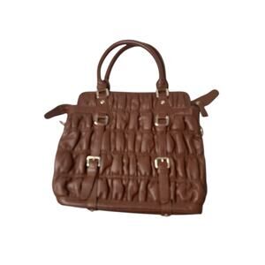 Vintage 1990s Brown Faux Leather Satchel Tote Handbag Silvertone Hardware